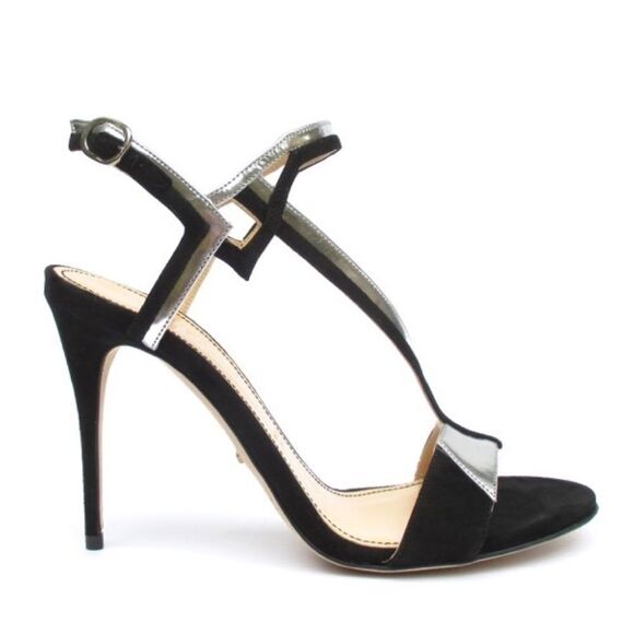 JEROME C. ROUSSEAU Black Silver Welch Sandals Heel - Picture 1 of 8